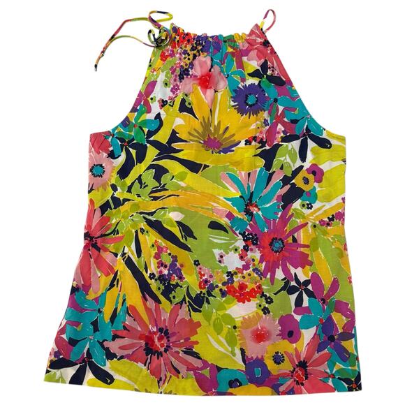 Trina Turk Silk Blend Halter Top Sleeveless Blouse Floral Print - Size Large - Picture 6 of 7